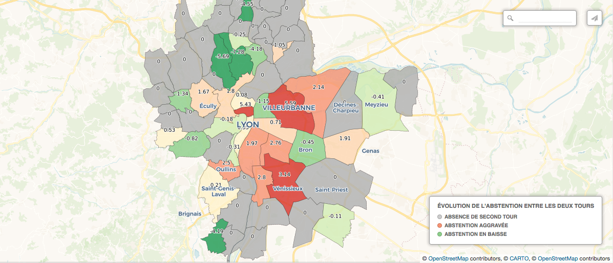 Carte de l'évolution de l'abstention dans la Métropole de Lyon