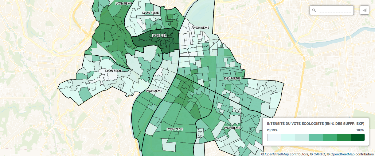 Carte du vote écologiste à Lyon