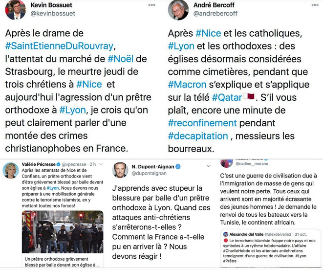 Réactions en chaîne sur les réseaux sociaux, après qu'un prêtre a été blessé par balle à Lyon. Capture d'écran réseaux sociaux par Rue89Lyon. DR