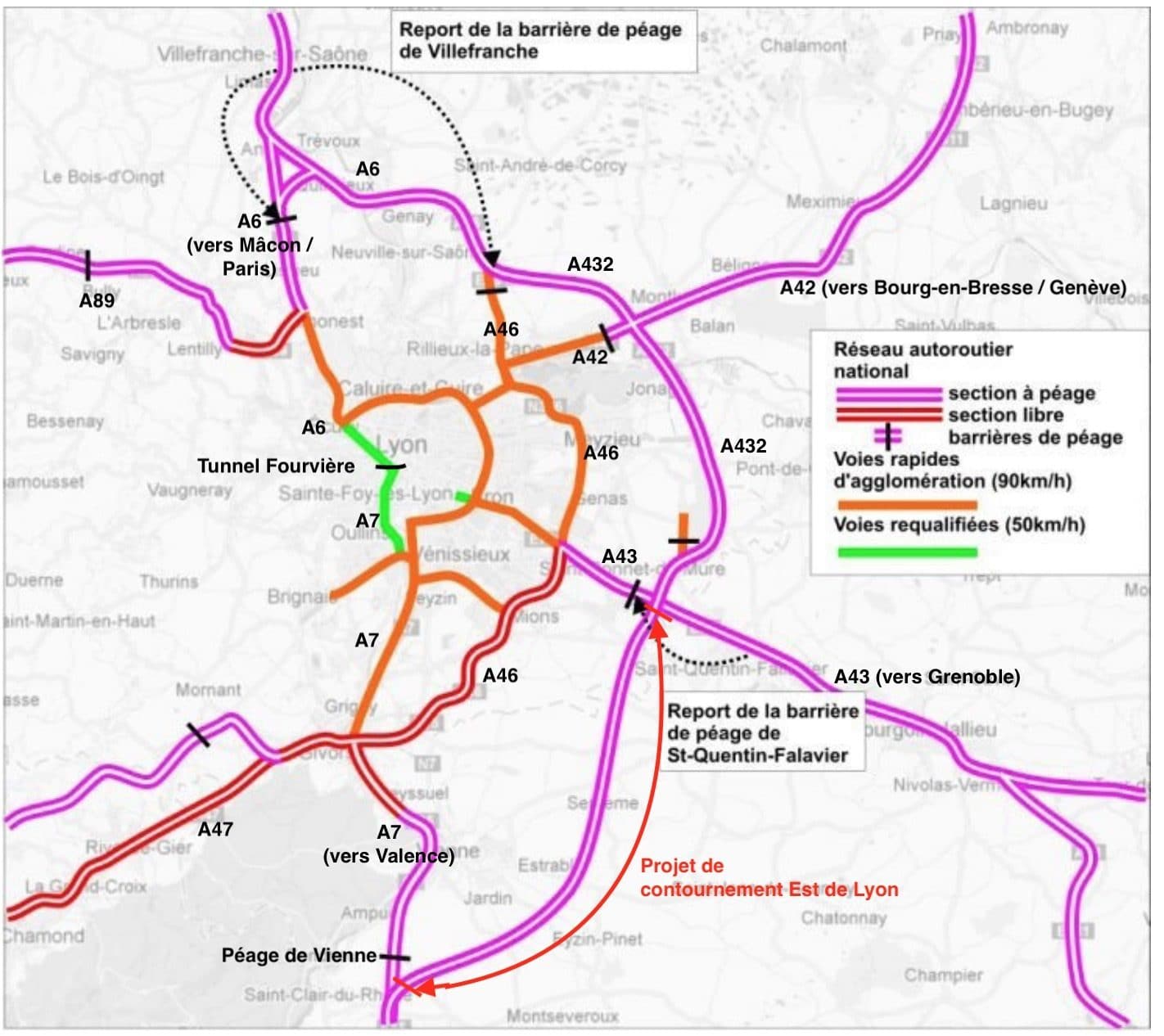 Le grand contournement Est permettrait d'éviter la métropole lyonnaise via un prolongement de l'A432. Crédit : Commission particulière du débat public (CPDP).