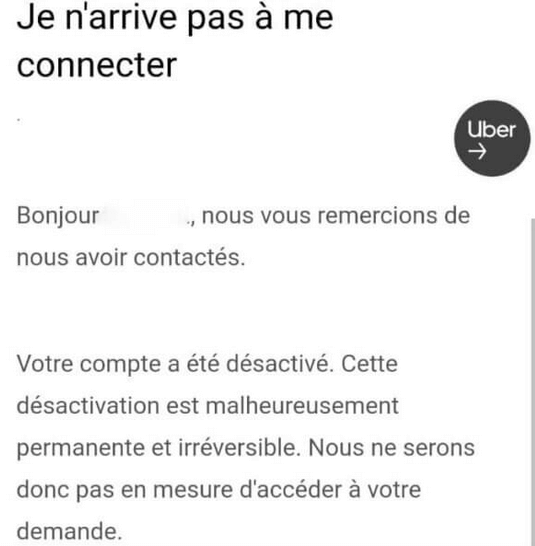 Une capture d'écran d'un livreur Uber Eats bloqué.