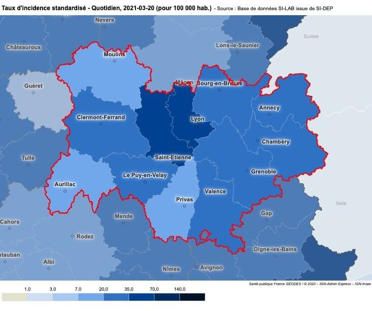 Carte taux d'incidence Covid Lyon Rhône