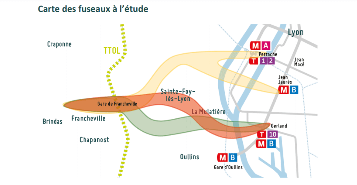 Carte des fuseaux de téléphérique à l'étude par le Sytral.