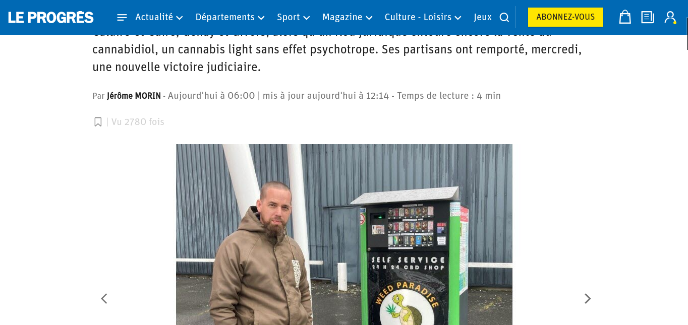 Capture d'écran du journal Le Progrès sur la vente de cannabis légal (ou CBD) par distributeurs automatiques