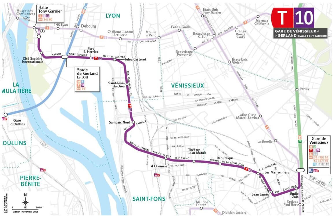 Le futur tracé du T10 entre Lyon Gerland et Vénissieux issu de la concertation. Capture d'écran du dossier de presse du Sytral.
