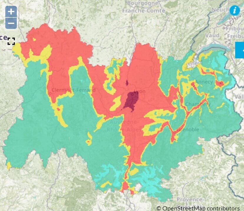 Capture d’écran site Atmo Auvergne Rhône-Alpes illustrant la pollution atmosphérique à Lyon et dans la région le 14 janvier 2022.