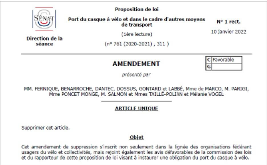 Proposition de loi du 10 janvier 2022 visant à imposer le port du casque à vélo Lyon ou ailleurs