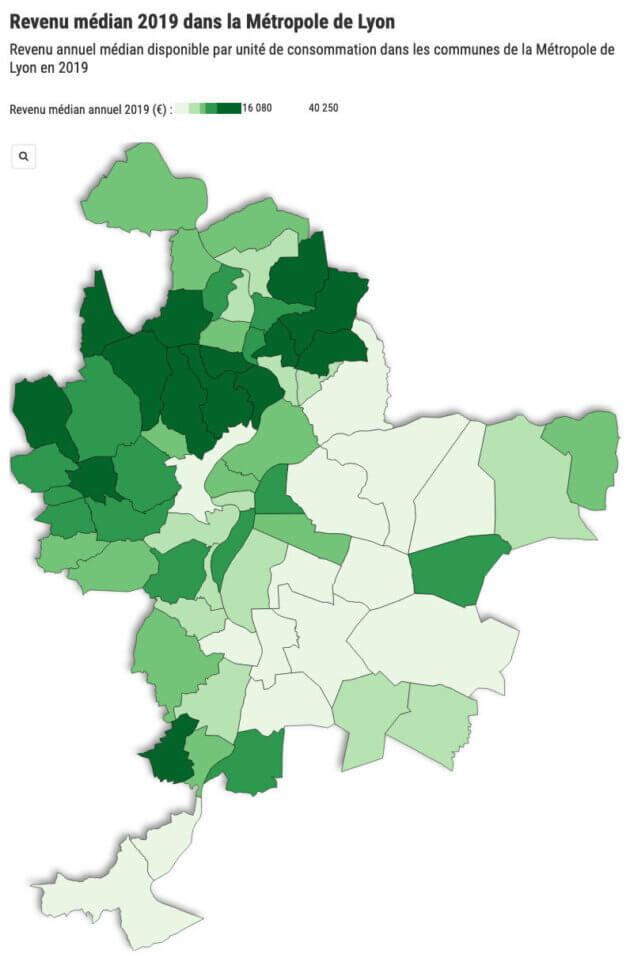Carte revenu médian communes métropole Lyon