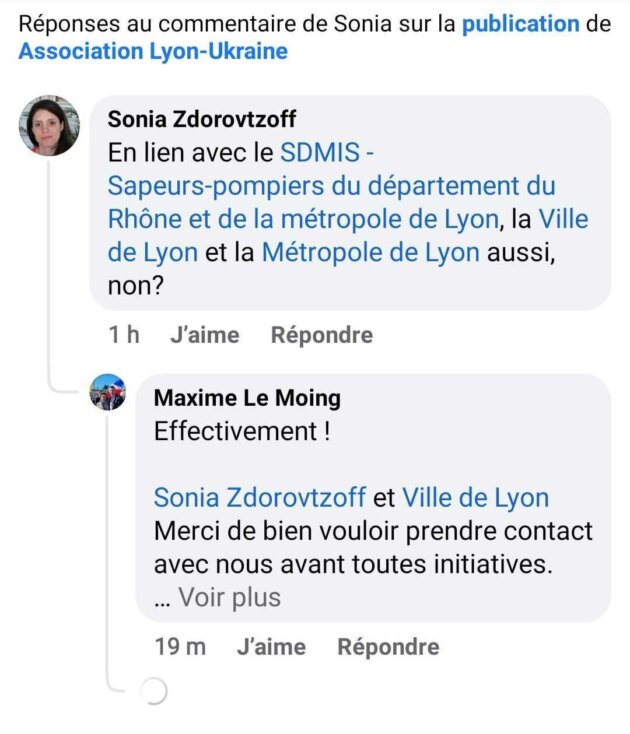 Capture d'écran de commentaires échangés sous une publication de Lyon Ukraine.