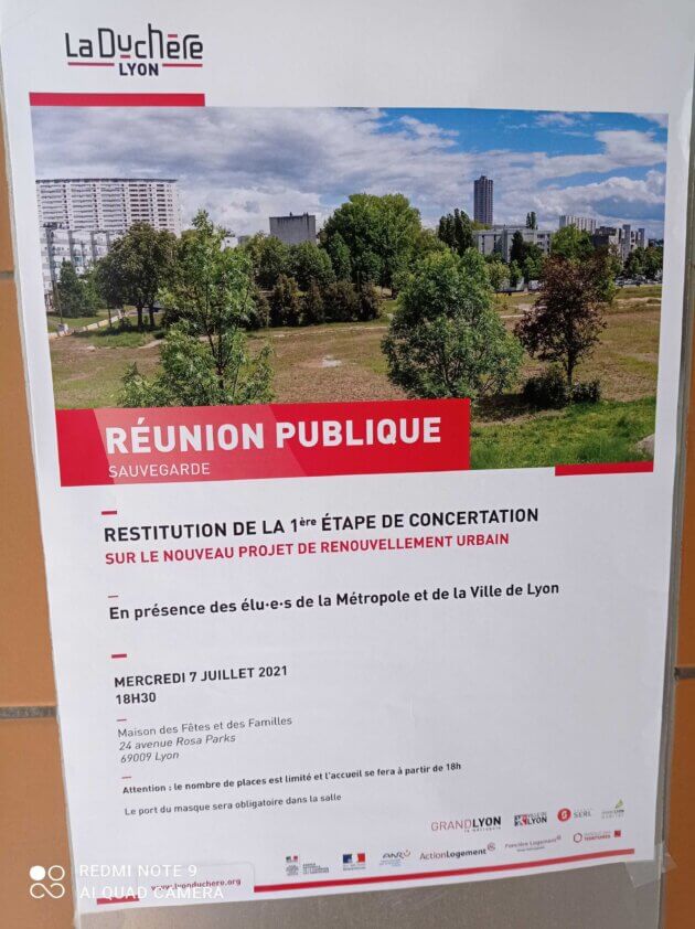 L'affichette placardée à la Sauvegarde invitant à la réunion publique le 7 juillet 2022.