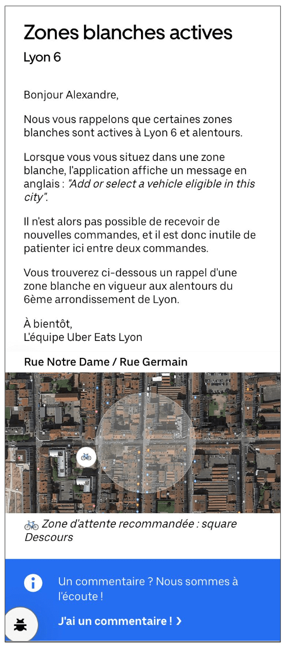 Une capture d'écran fournie par Uber Eats pour annoncer une zone blanche pour les livreurs à Lyon