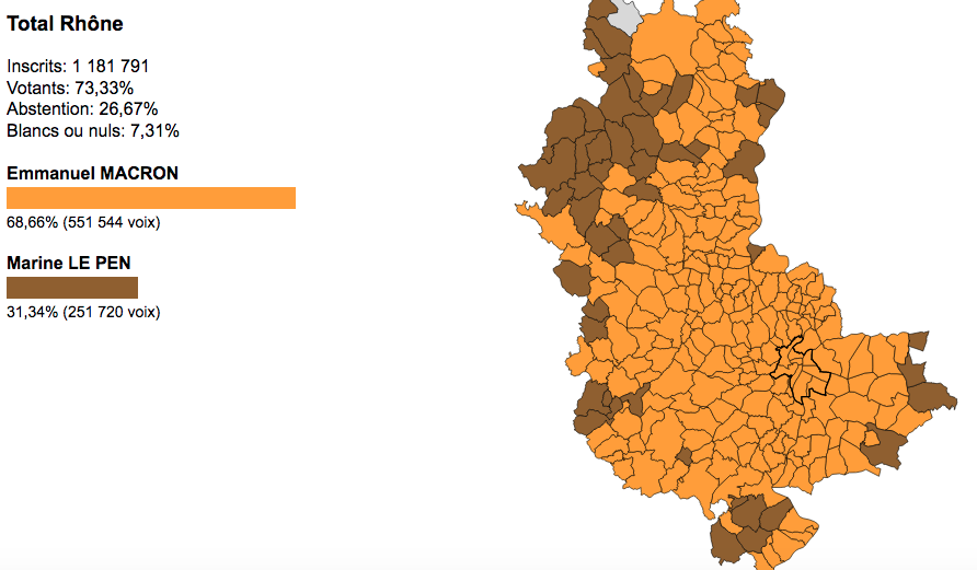 La carte des résultats dans le Rhône, du second tour des élections présidentielles 2022. ©Rue89Lyon