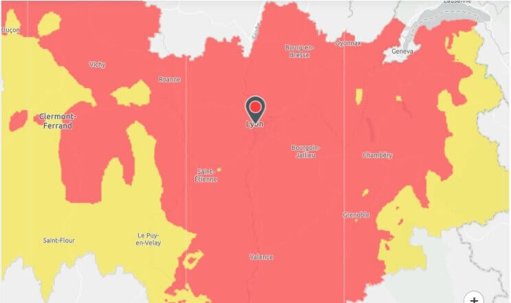 La qualité de l'air s'annonce mauvaise ce 14 juillet 2022 à Lyon. Carte Atmo.