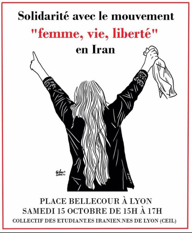 Affiche d'annonce de la manifestation à Lyon, en soutien aux mobilisations en Iran. DR