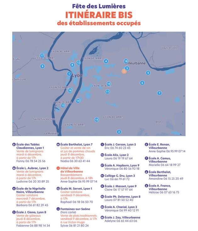 Carte réalisée par le collectif Jamais sans toit, qui recense les écoles occupées en date du 5 décembre dans la Métropole de Lyon, pour héberger des enfants sans-abri. 