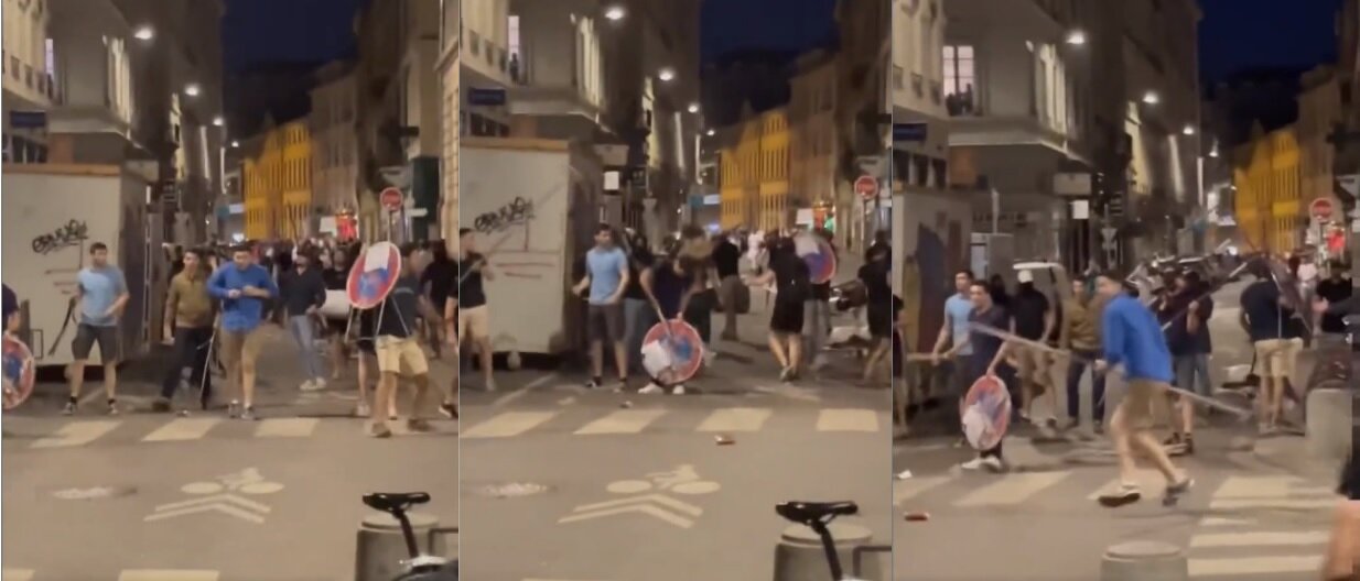Le 21 juin 2022, des militants d'extrême droite ont attaqué le "fête de la musique populaire", dans le centre-ville de Lyon. Captures d'écran d'une vidéo de l'affrontement.
