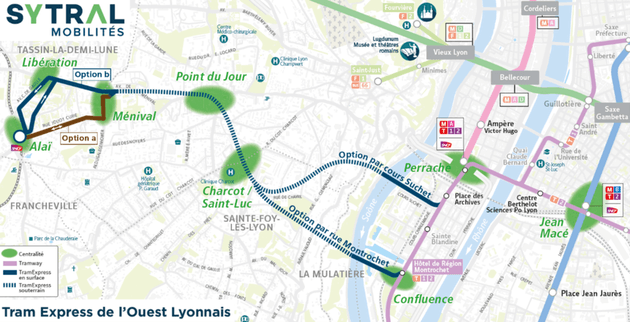 Tracé de la ligne du Tramway Express de l'Ouest Lyonnais (TEOL) avec les deux options potentielles à décider en vue du tracé final.