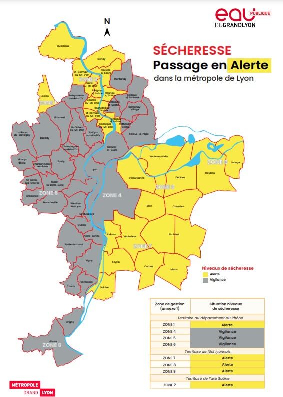 La préfecture a placé l'est lyonnais en alerte sécheresse ce mercredi 19 juillet à Lyon. Une carte des territoires concernés par Eau du Grand Lyon.