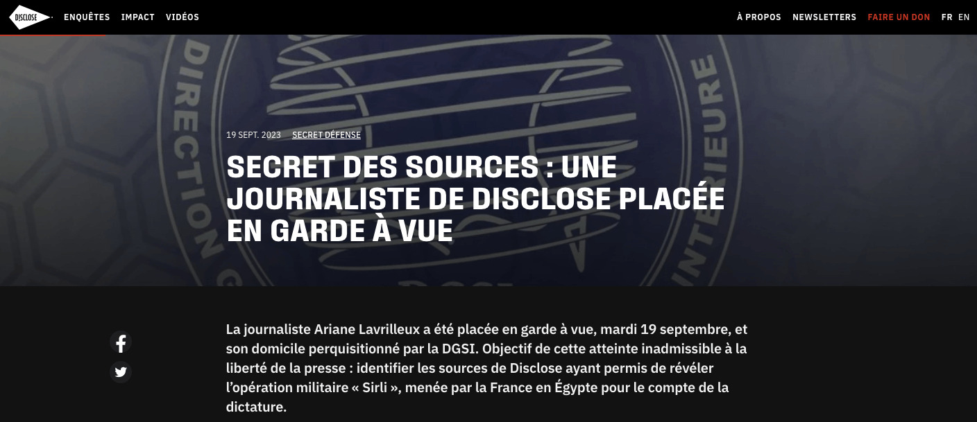 Capture d'écran du site de l'ONG Disclose, où la journaliste Ariane Lavrilleux a publié ses enquêtes.