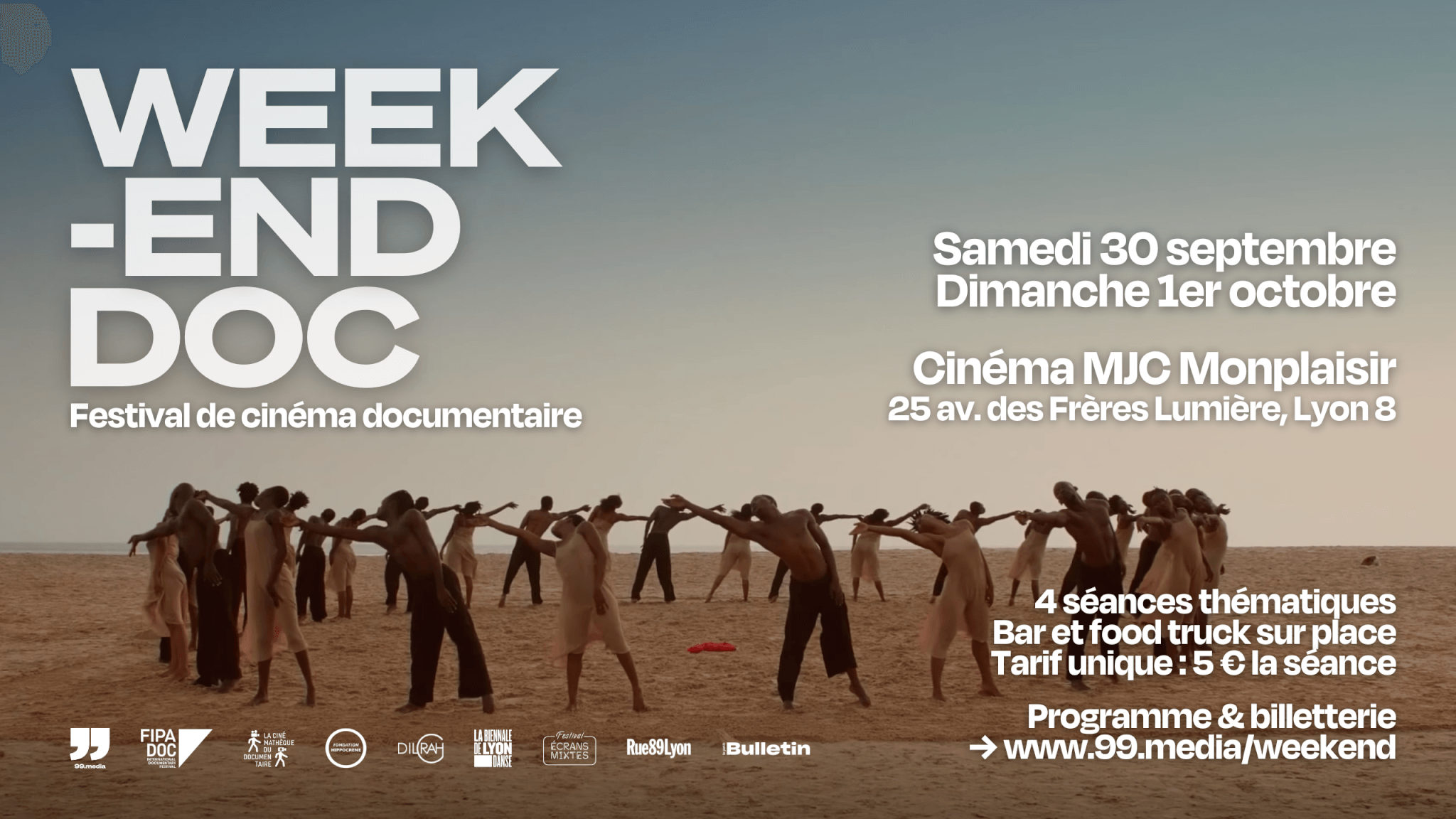 Affiche du Week-end doc, festival de documentaire les 30 septembre et 1er octobre 2023 à Lyon.