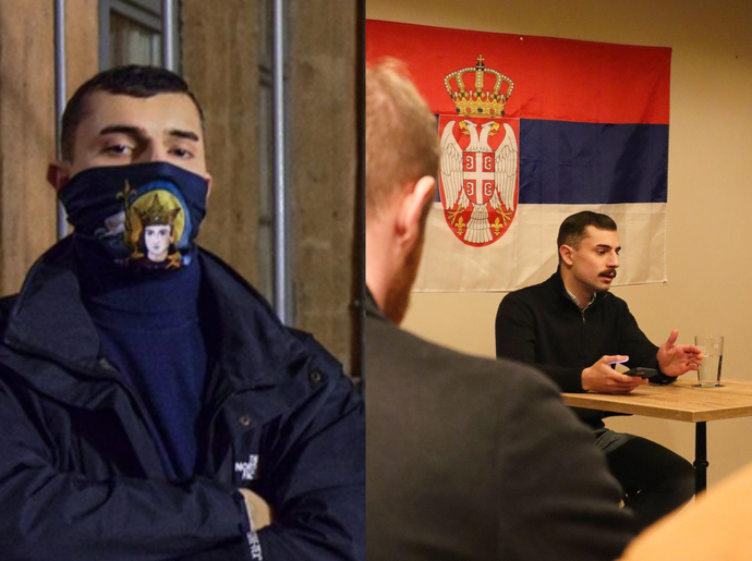 À gauche : Sinisha Milinov portant le cache cou des Remparts en avril 2022. À droite : Sinisha Milinov donne une conférence sur le Kosovo, pour les Remparts, à Lyon en janvier 2023. ©Réseaux sociaux des Remparts
