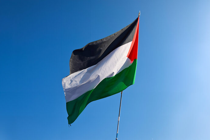 Drapeau palestinien lors de la manifestation pour la Palestine à Bellecour (Lyon 2), le 20 janvier 2024.