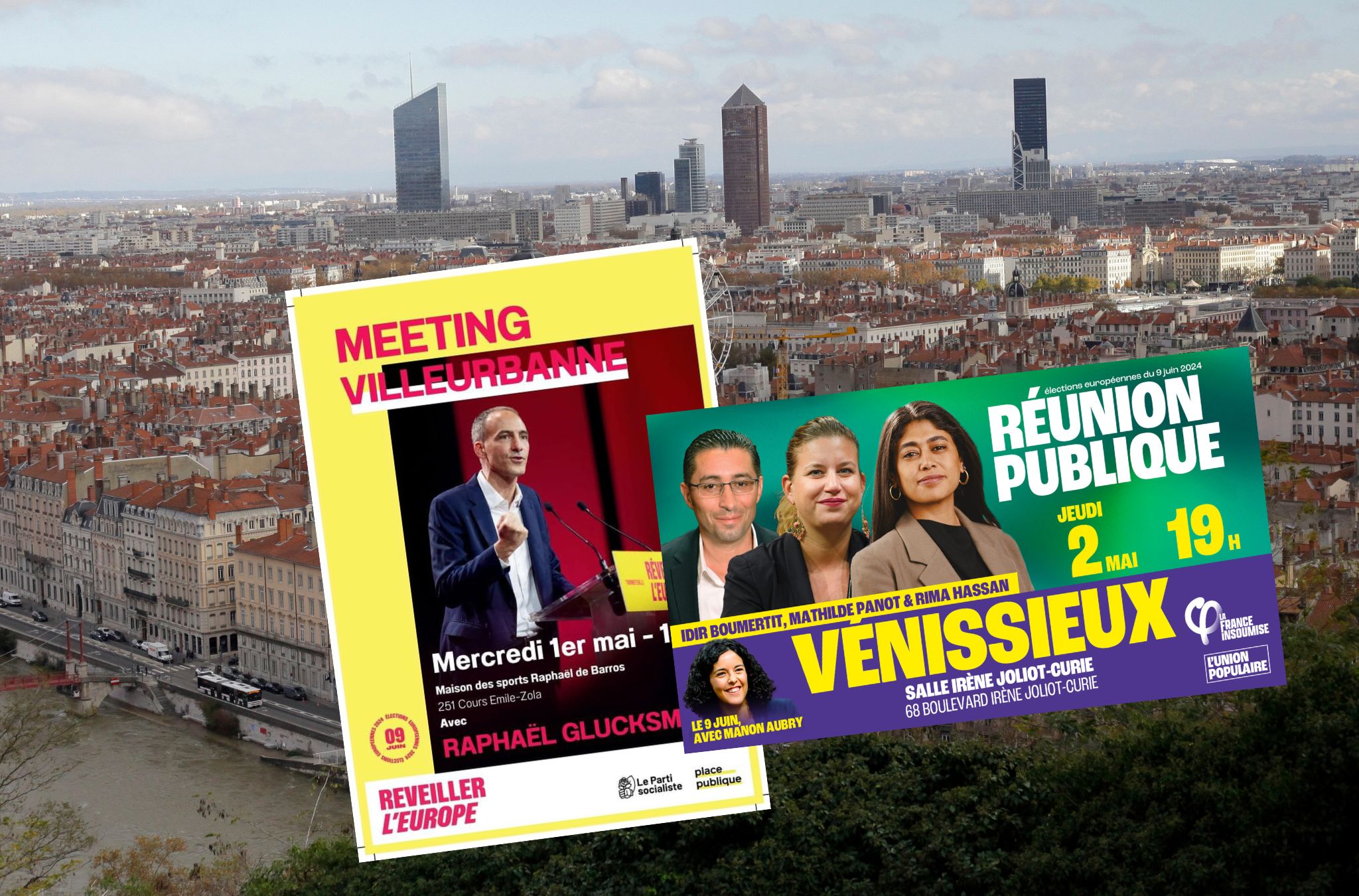 En deux jours, Lyon va accueillir deux meetings pour les européennes. Celui de Place Publique et du Parti socialiste, et celui de la France insoumise. ©Montage Rue89Lyon