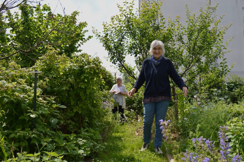 Dans le jardin partagé de Chamarel Les Barges, Hélène et Madeleine inspectent les plantes