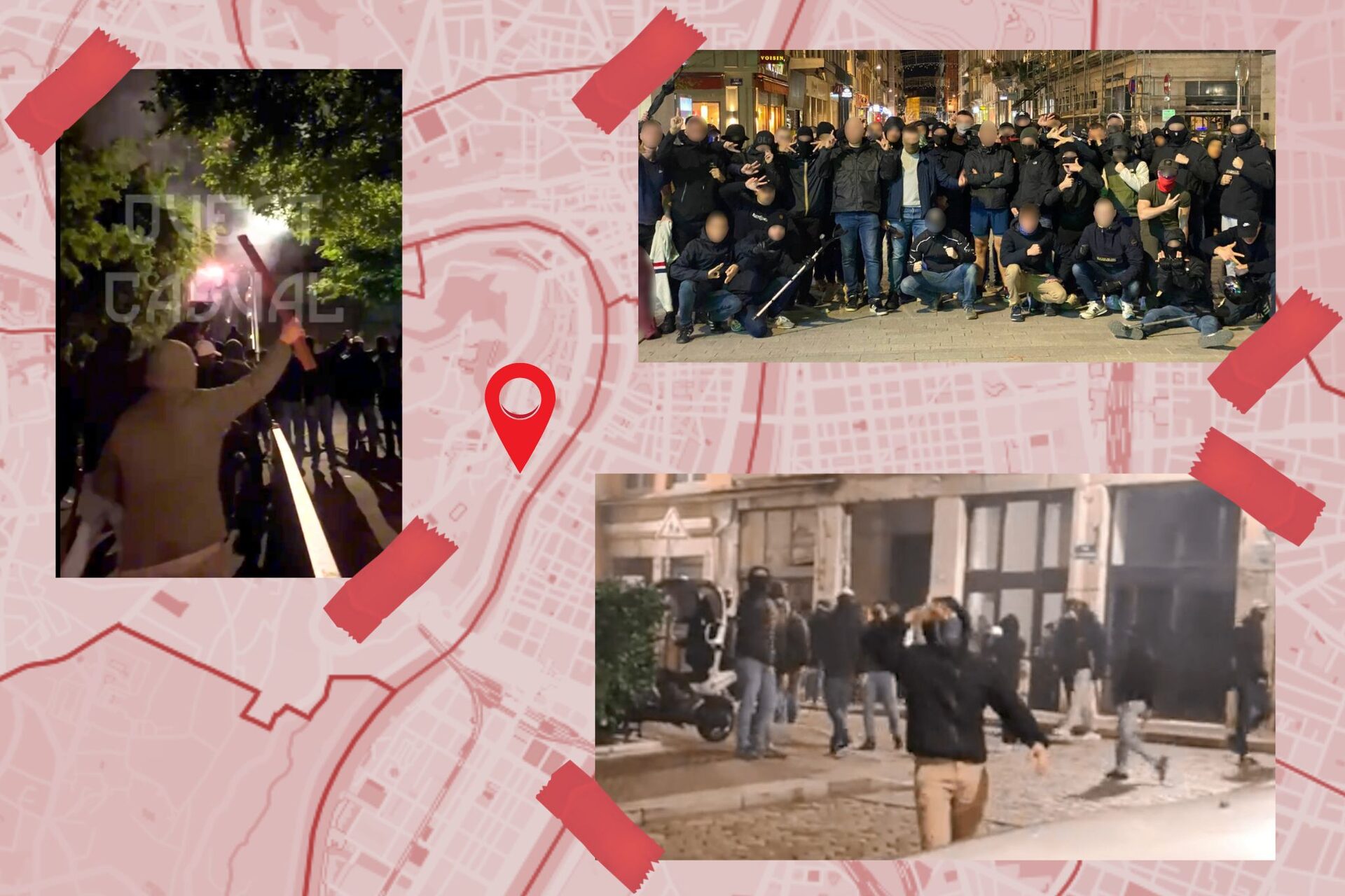 Le 11 novembre 2023, l'attaque ultra-violente d'une conférence dans le Vieux-Lyon a été revendiquée par l'extrême droite radicale. ©Montage Rue89Lyon