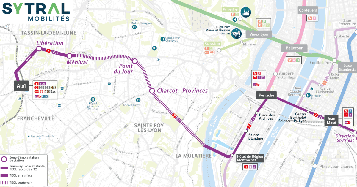 Le tracé prévu pour le Tramway express de l'ouest lyonnais. ©Sytral