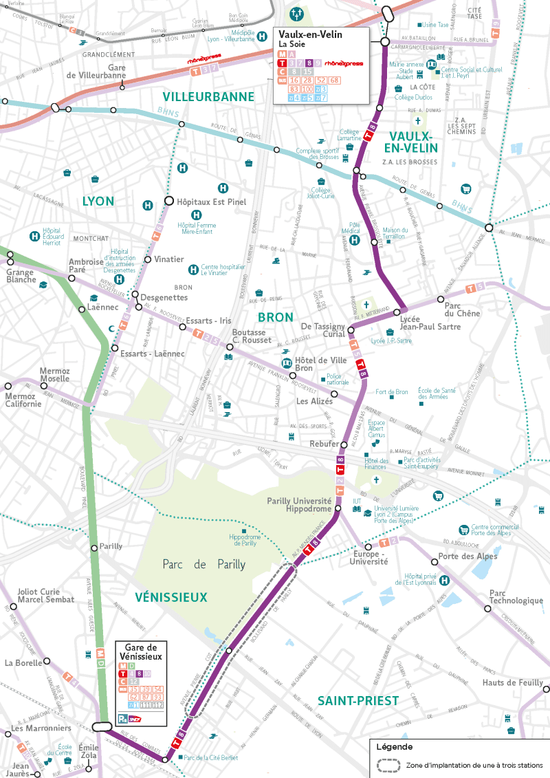 Le tracé prévu pour le futur tramway T8 à l'est de Lyon. ©Sytral
