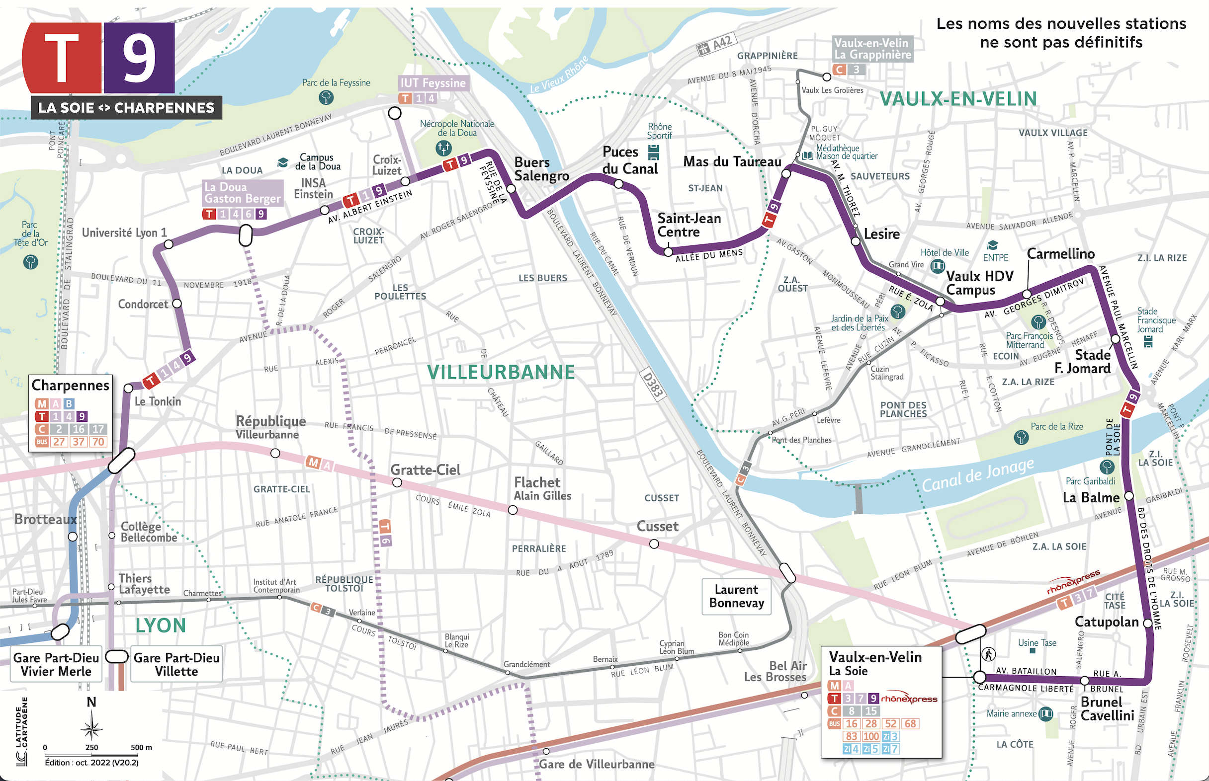 Le tracé du tramway T9. Les noms des stations ne sont pas définitifs. ©Sytral