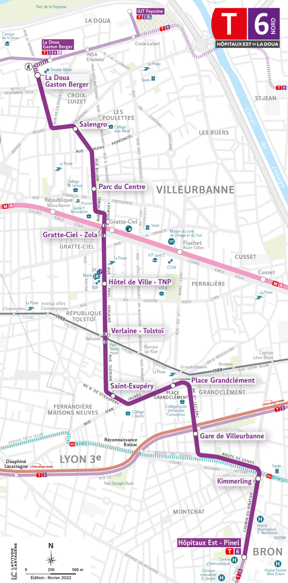 Le tracé prévu pour le prolongement du tramway T6 et ses nouvelles stations. ©Sytral