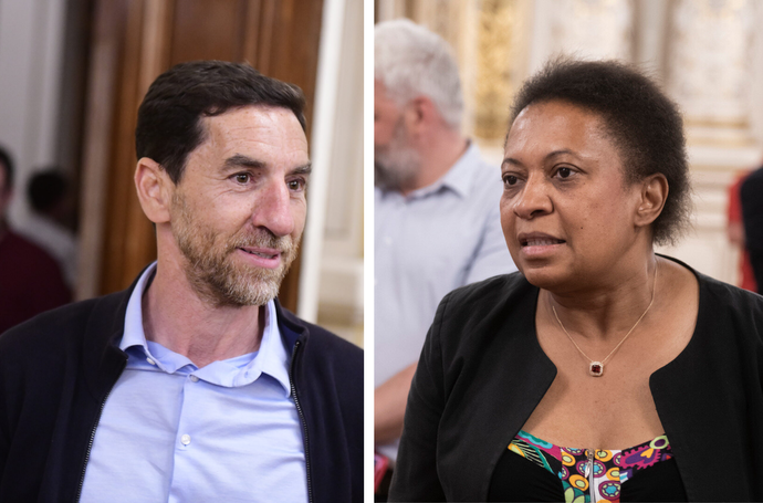 Abdelkader Lahmar (LFI/PCF) et Hélène Geoffroy (PS/Ecologistes), candidats à la mairie de Vaulx-en-Velin en 2026. ©Montage Rue89Lyon/Photos Houcine Haddouche