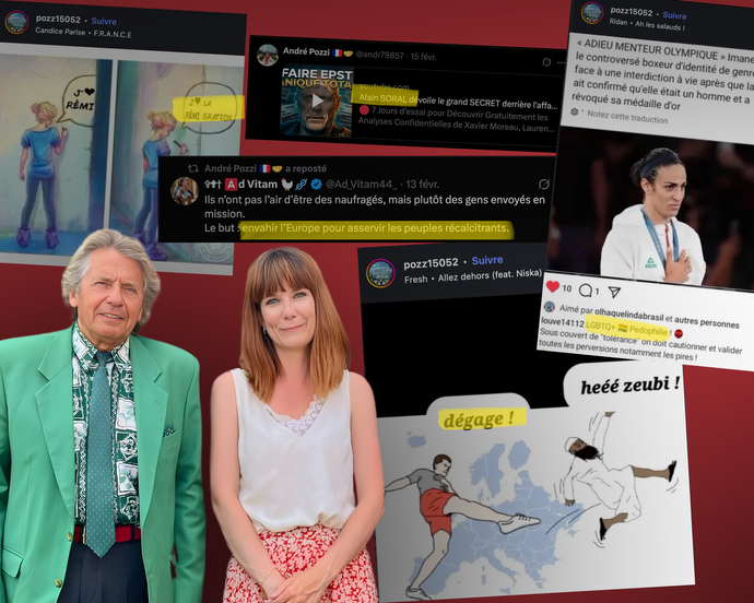 André Pozzi, militant historique du RN à Saint-Priest et candidat derrière Tiffany Joncour aux municipales 2026, et ses posts racistes et homophobes ©Montage Rue89Lyon